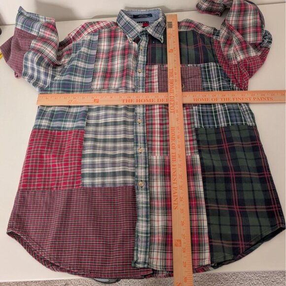 Tommy Hilfiger Patchwork Plaid Shirt Mens Size Medium Red Preppy Long Sleeve 90s - Picture 8 of 10